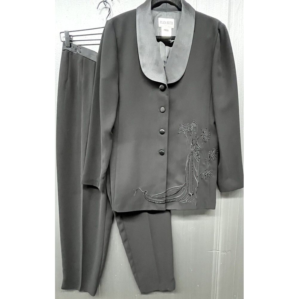 Plaza South Pant Suit Women 8 Black‎ Embroidered Shawl Lapel Blazer Jacket Vtg